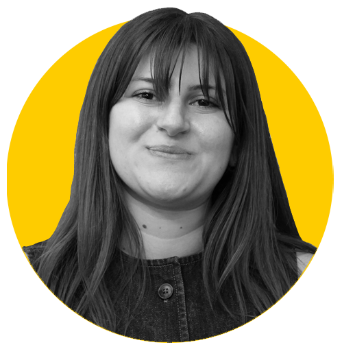 A monochrome photo of Eve against a yellow background