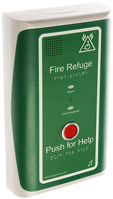 A green outstation - part of a disabled refuge system (Emergency Voice Communication System). Written on the outstation are the phrases "fire refuge" and "push for help". There is a red button on the front of the outstation.