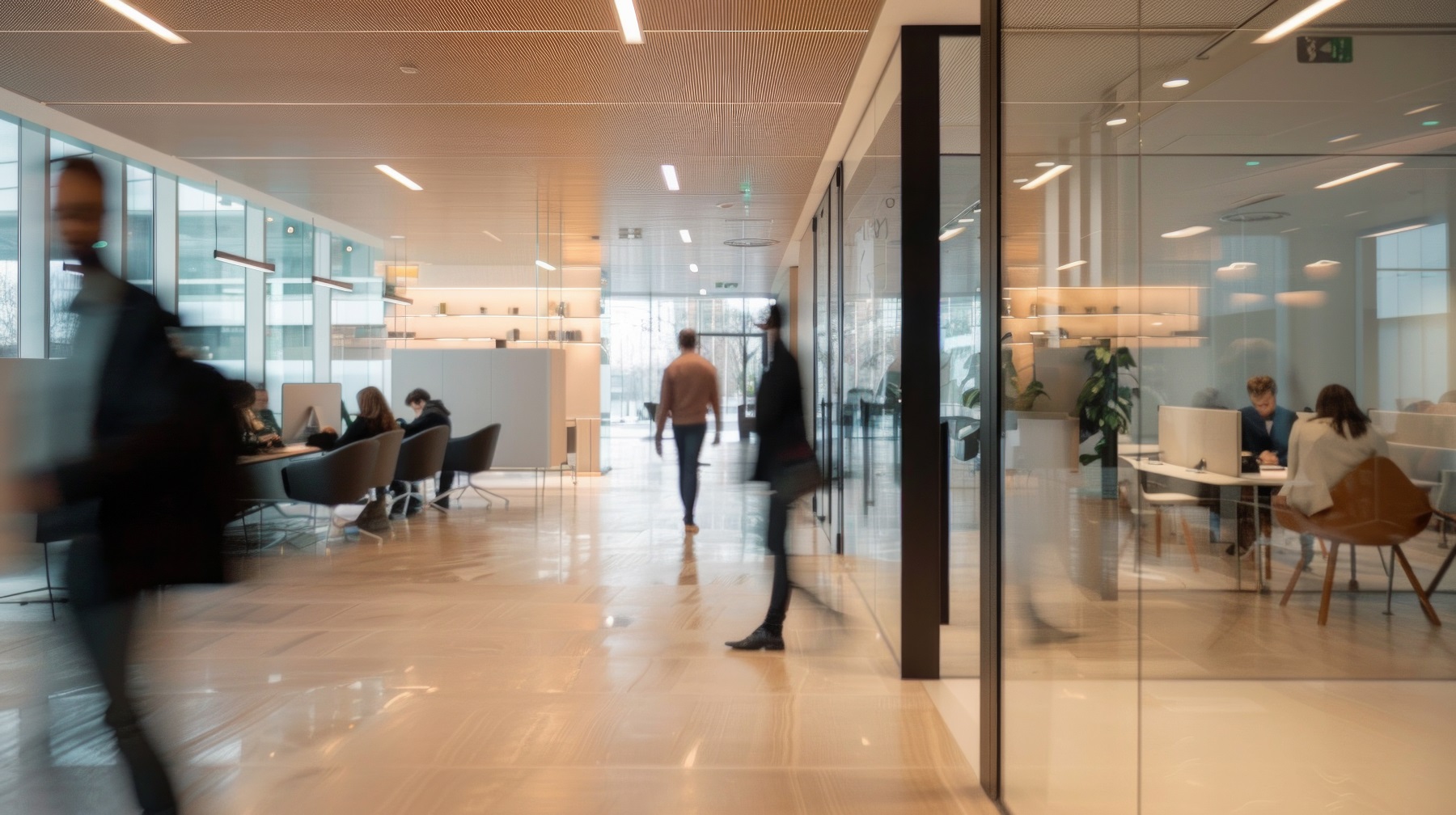 A busy office with people walking around and sitting in chairs.