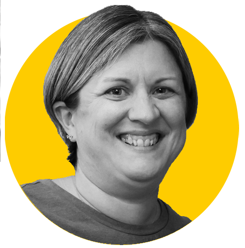A monochrome photo of Alison against a yellow background