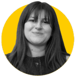 A monochrome photo of Eve against a yellow background